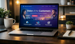 Laptop op een warme bureau met de Voice of the Customers-website op het scherm