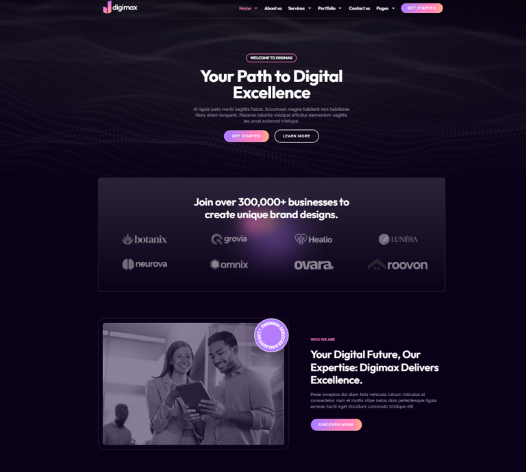 Stijlvoorbeeld webdesign voor marketing & digitale bureaus — gedurfd en modern (sjabloonvoorbeeld, geen eigen project)